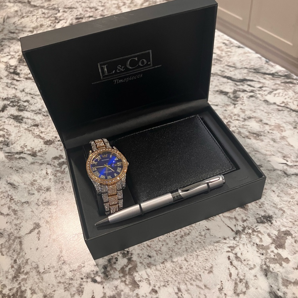 L & Co. Blue and Gold Watch Set with Pen and Wallet